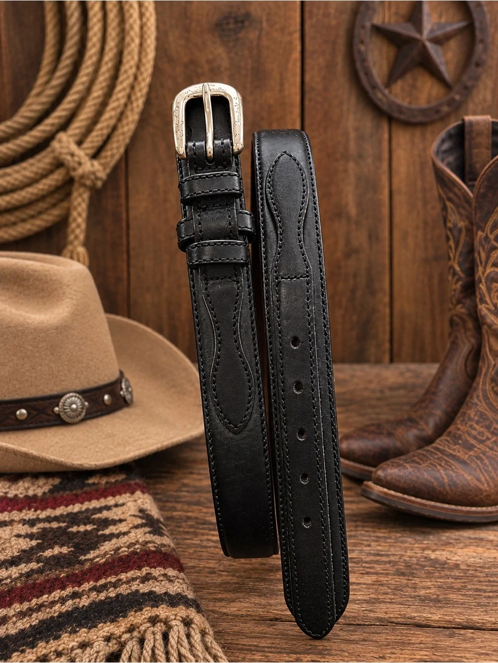 Cabelas Mens black leather belt with silver buckle
